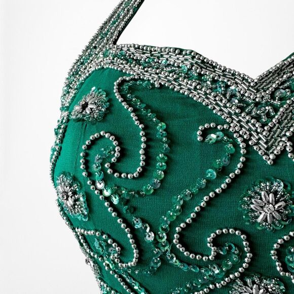 Vintage Green Beaded Halter Neck Bodycon Maxi Prom Dress Size XS/S - Picture 6 of 7